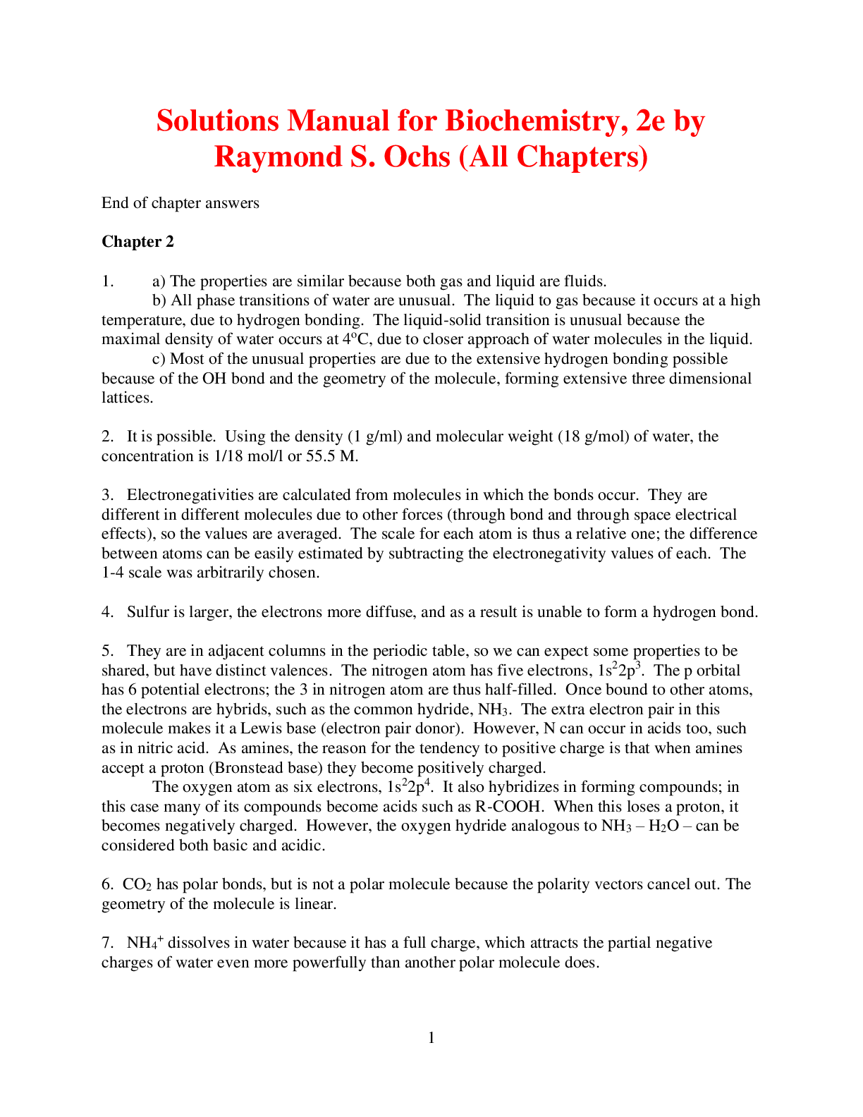 Preview of Biochemistry, 2e Raymond S. Ochs (Solutions Manual)